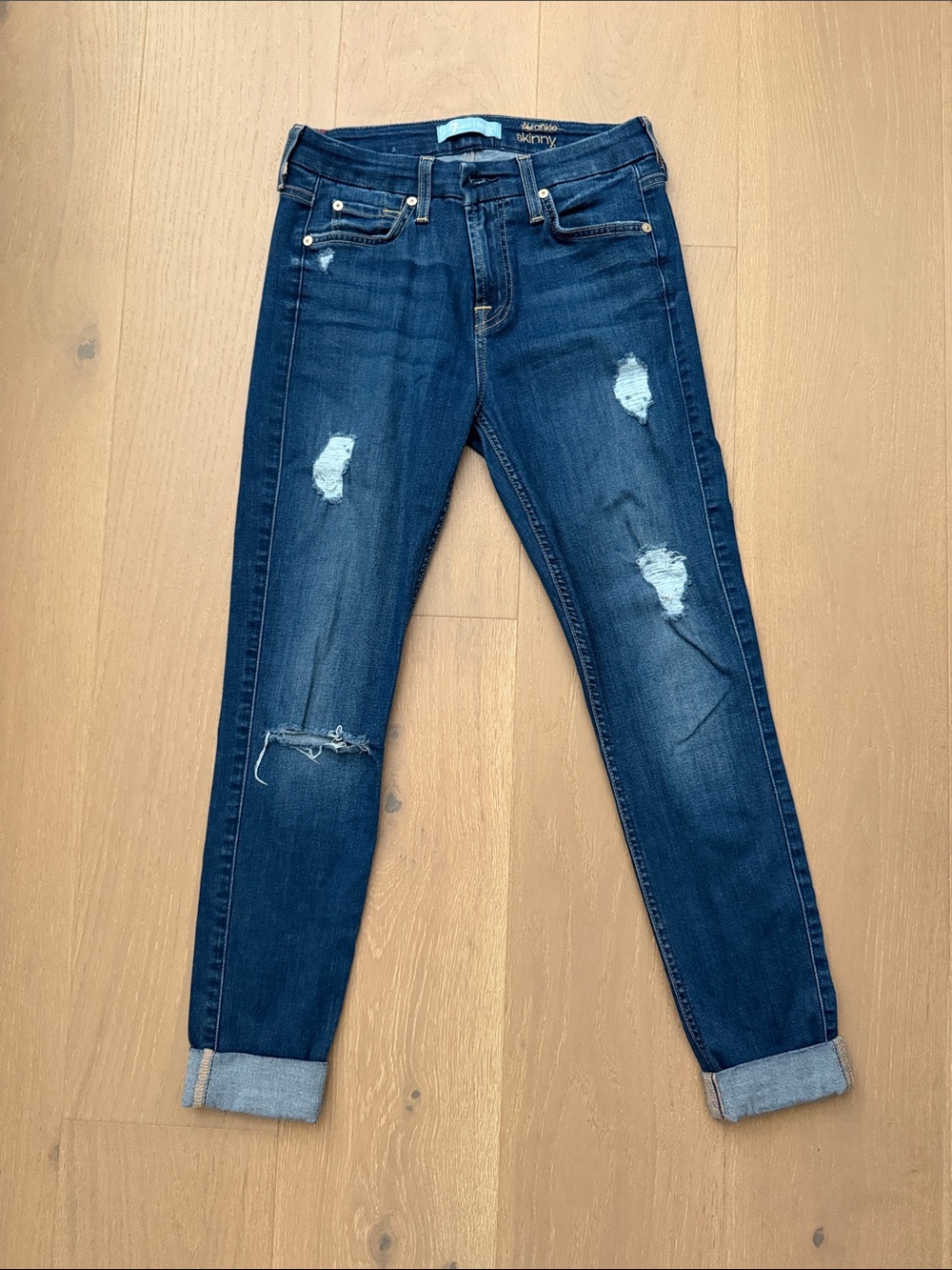 7 For All Mankind Dark Blue Distressed Skinny Jeans